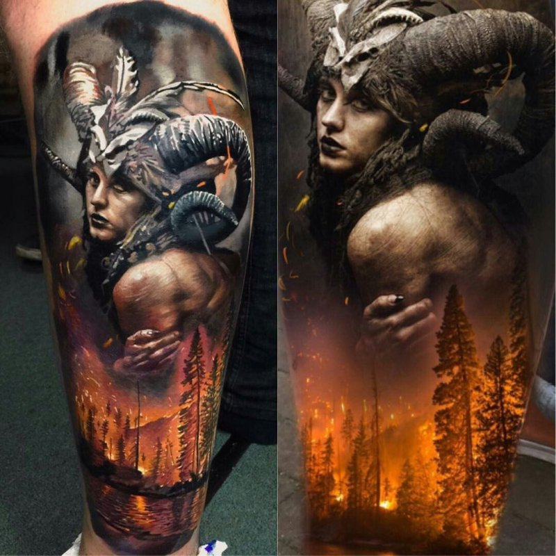 Fantasy style tattoo on the shin for men