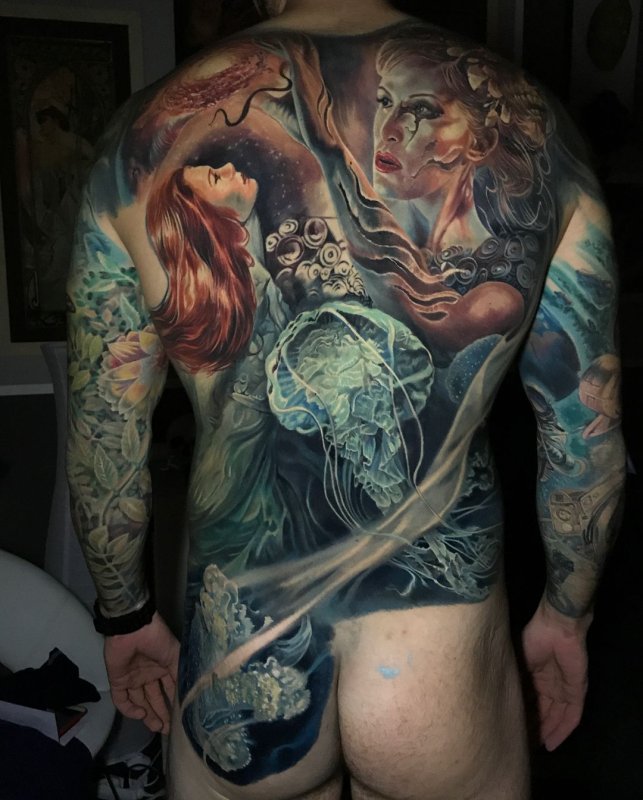 Fantasy style tattoo on the back for men