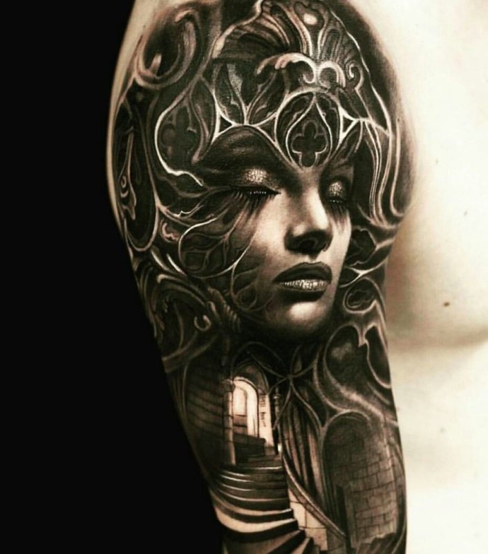 Large fantasy style girl tattoo on the shoulder for men