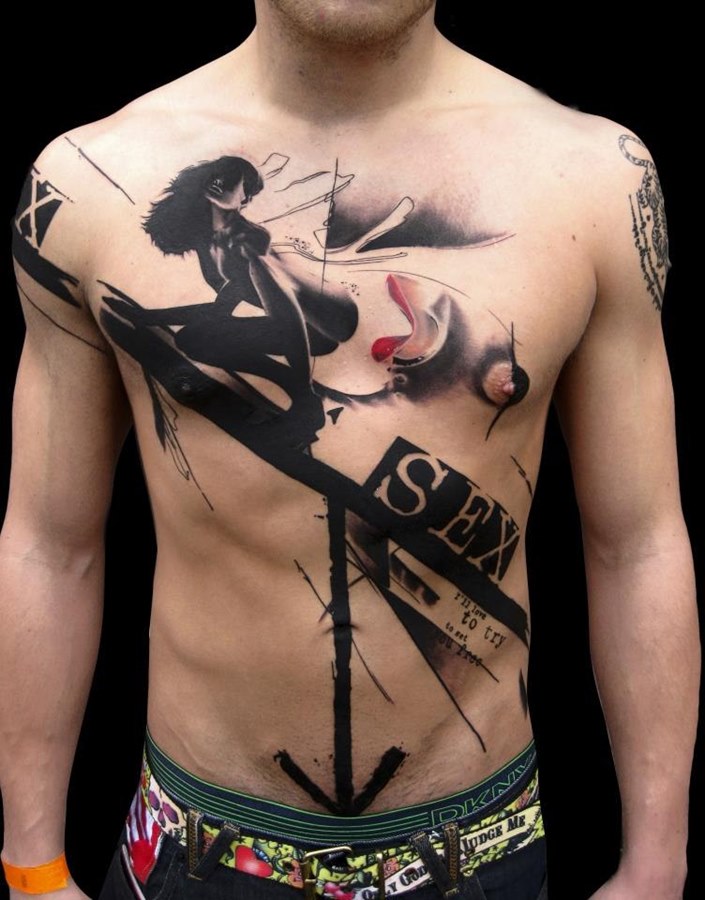 Thrash polka style tattoo on the abdomen for men