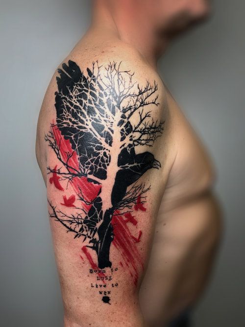 Tree and crow trash polka tattoo on shoulder for men