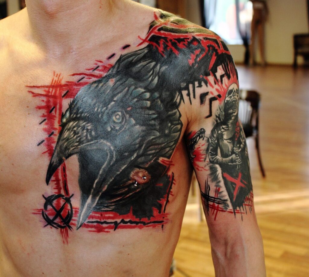 Trash polka tattoo on chest for men Trash polka tattoo on chest for men