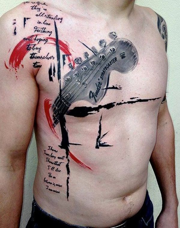 Trash polka tattoo on chest for men