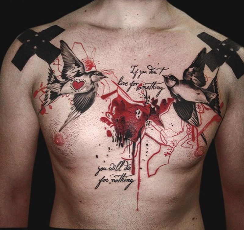 Trash polka tattoo on chest for men