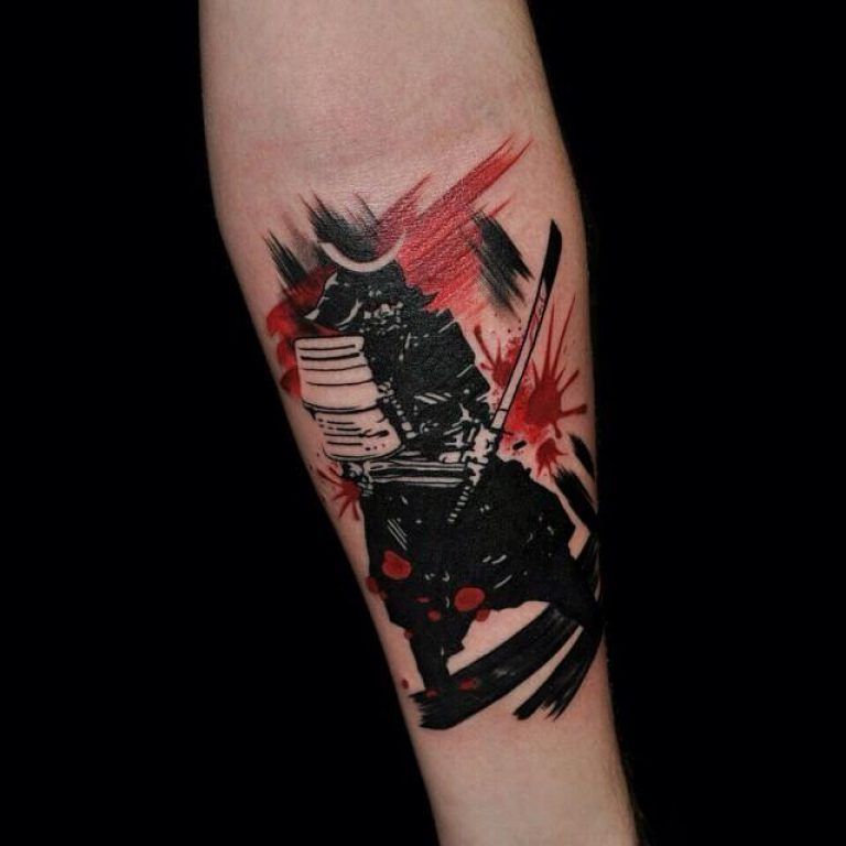 Trash polka tattoo on forearm for men