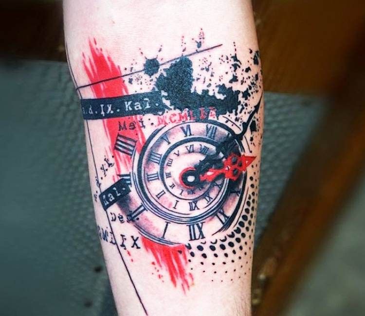 Trash polka compass tattoo on forearm for men