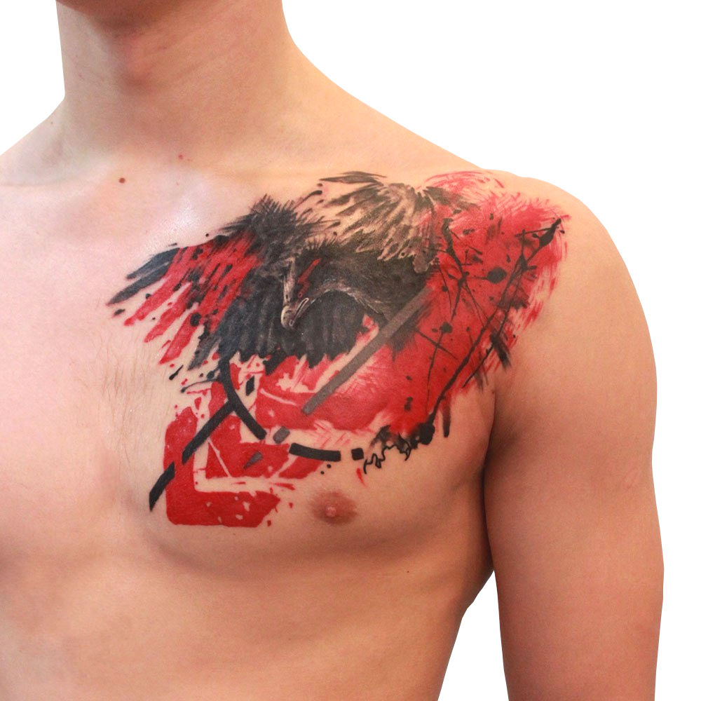 Trash polka tattoo on chest for men