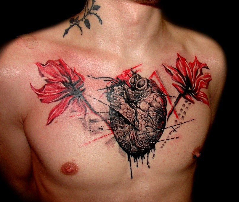 Trash polka tattoo on chest for men