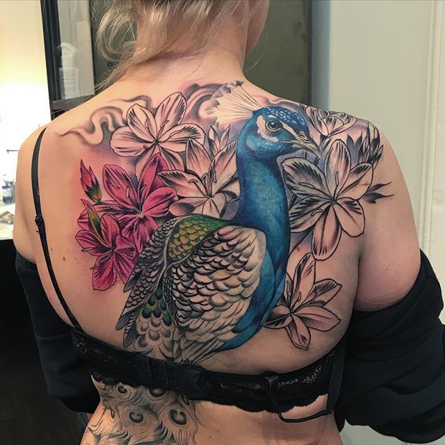 Realism style color tattoo on the back for women