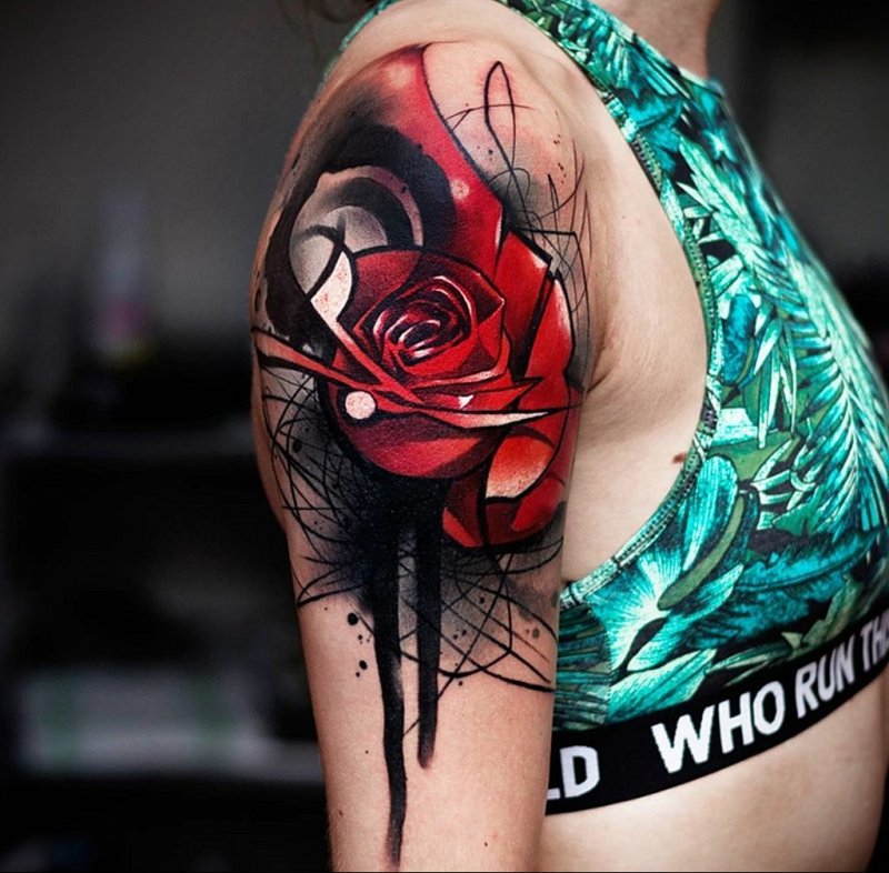 Realism style rose tattoo on the shoulder for women