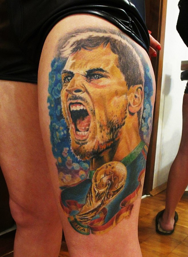 Realism style soccer player tattoo on thigh for men