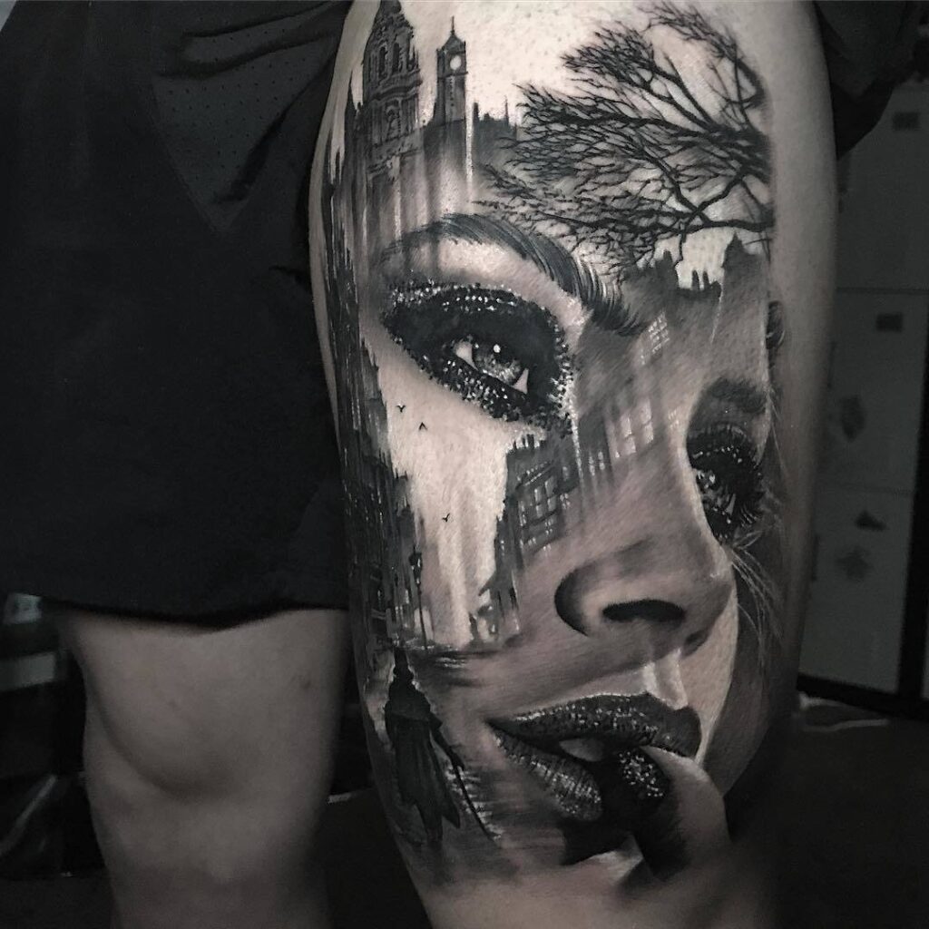 Realism style girl tattoo on thigh for men