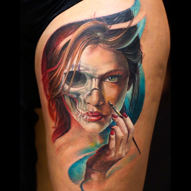 Realism style colored girl tattoo on thigh for men