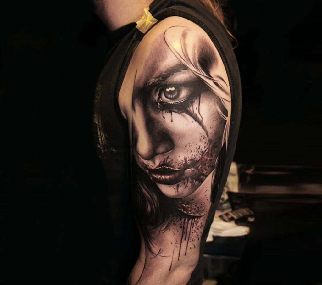 Large realism style tattoo on the shoulder for men