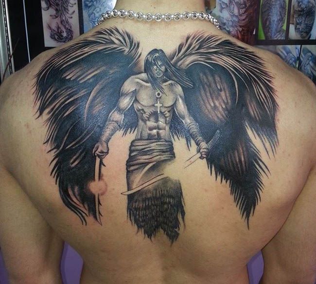 Angel tattoo on back for men