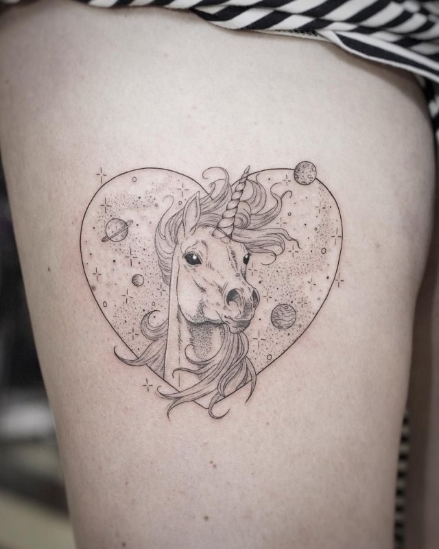 Unicorn tattoo on thigh for women