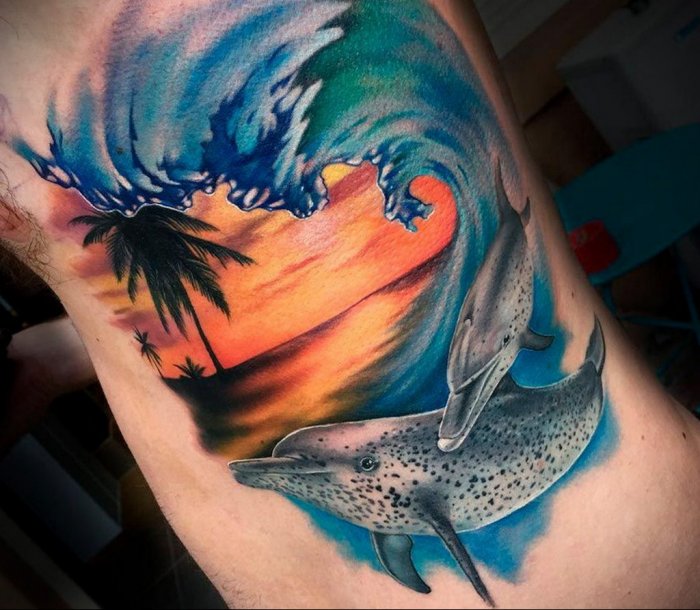 Colorful wave tattoo on the side for men