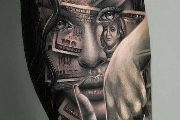 Money tattoo on leg for men