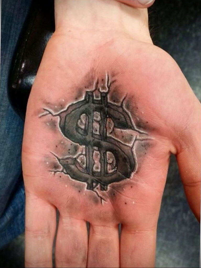 Money tattoo on the palm of the hand for men