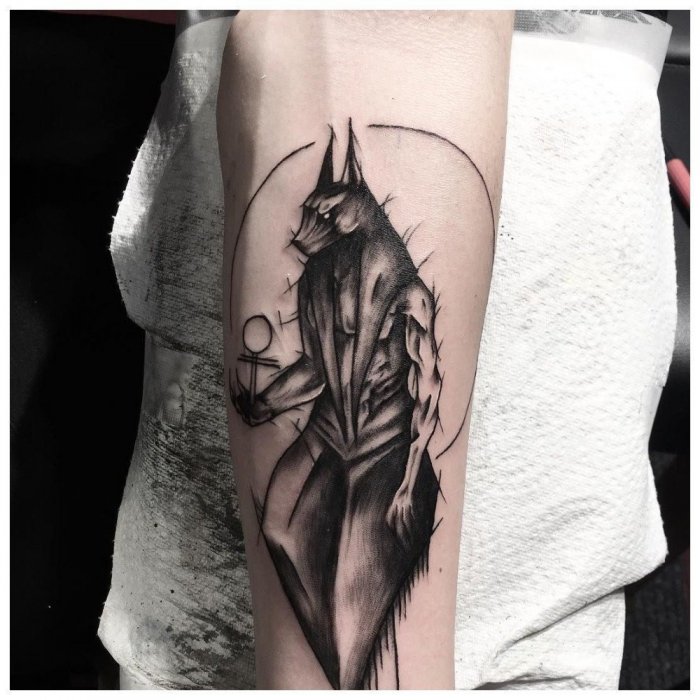 Anubis tattoo on forearm for men