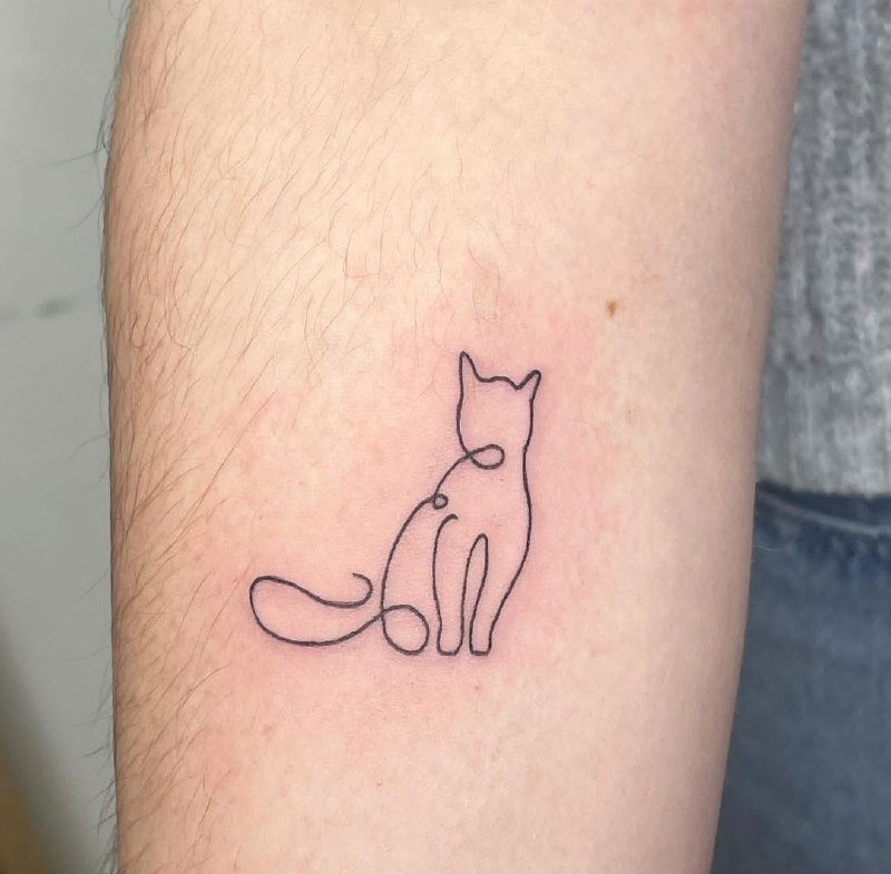 Minimalist cat tattoo on the forearm for men