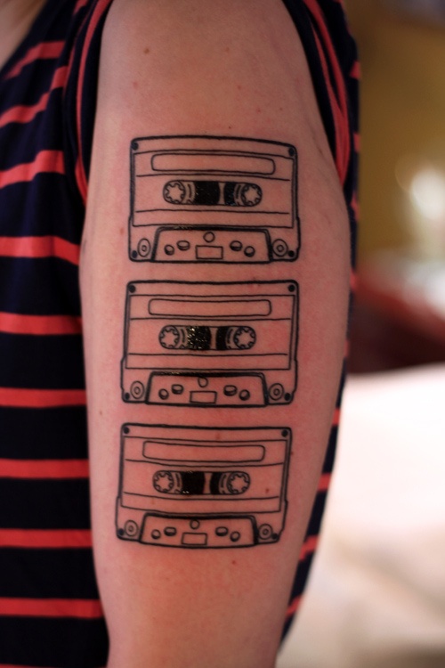 Cassette tape tattoo on the shoulder for women