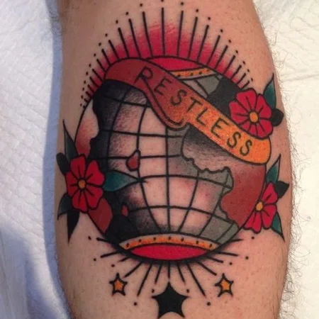 Globe tattoo on leg for men