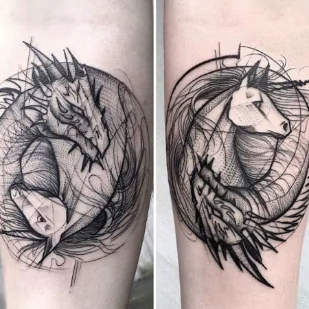 Sketch style dragon tattoo on leg for women