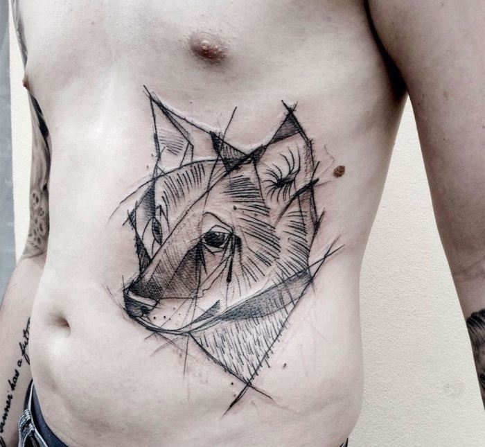 Sketch style wolf tattoo on the side for men