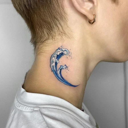 Wave tattoo on the neck for men