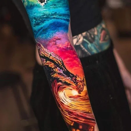 Colorful wave tattoo on arm for women