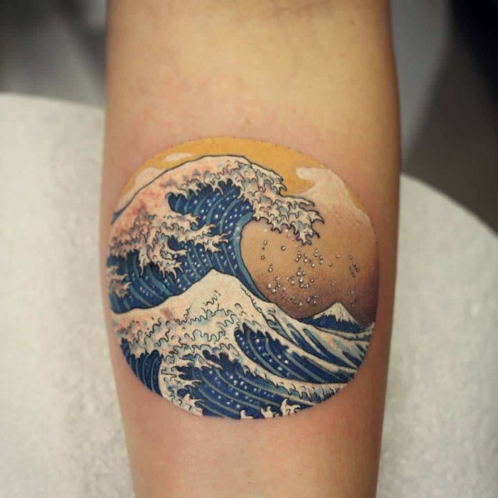 Wave tattoo on forearm for women