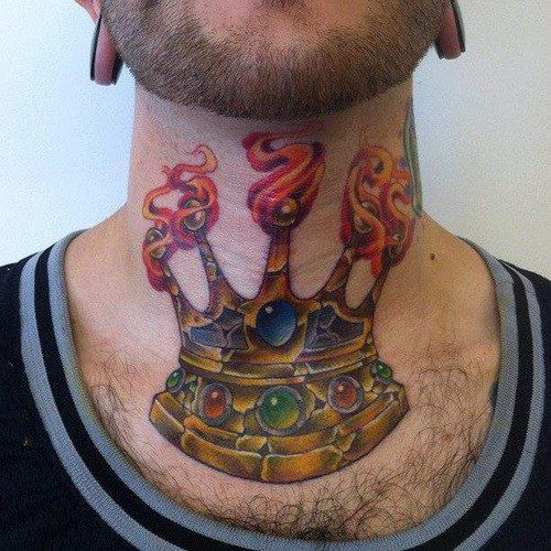 Colorful crown tattoo on neck for men