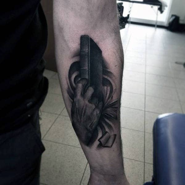 Book tattoo on forearm for men