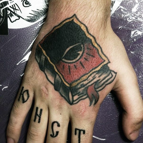 Book tattoo on the hand for men