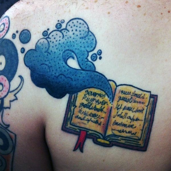 Book tattoo on the shoulder blade for men