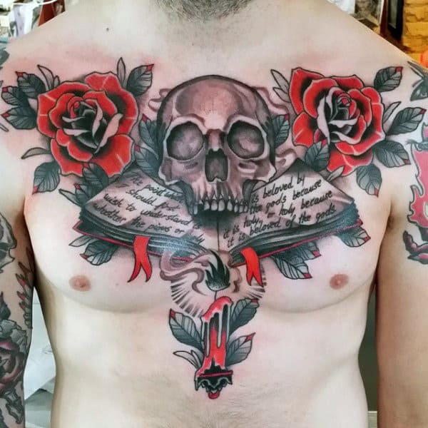 Colorful book tattoo on chest for men