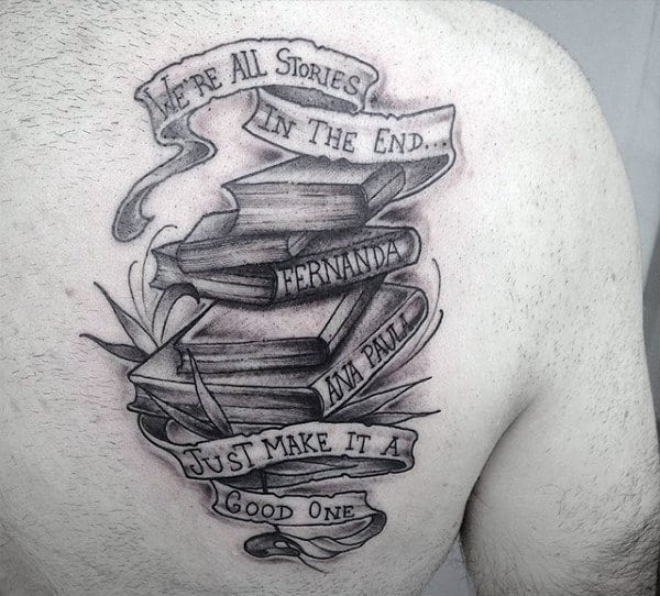 Book tattoo on the shoulder blade for men