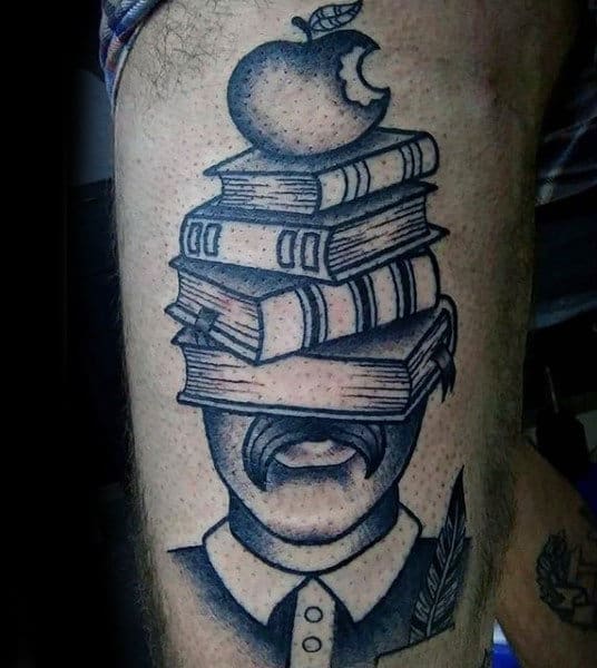 Book tattoo on thigh for men