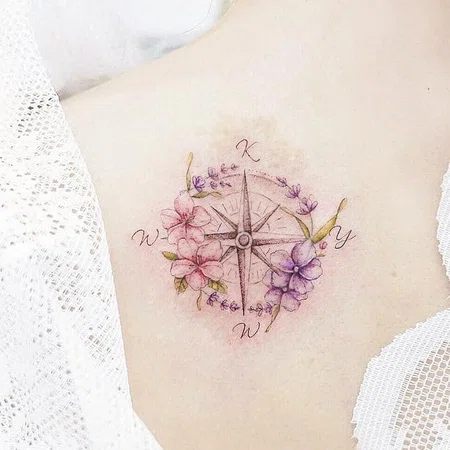 Colorful compass tattoo on the shoulder blade for women