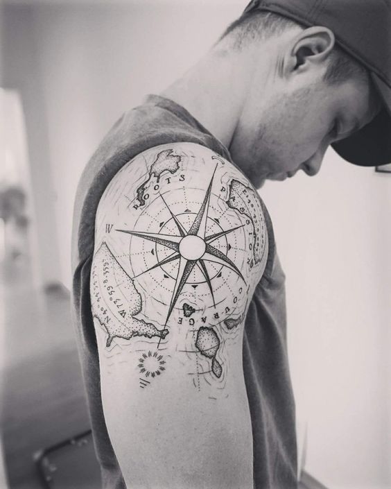 Compass tattoo on the shoulder for men