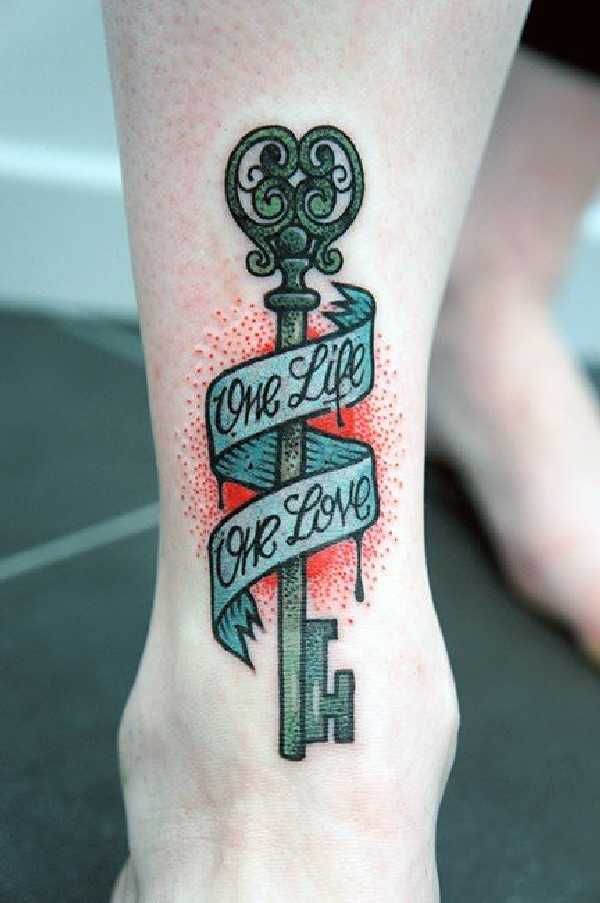 Key tattoo on the leg for men