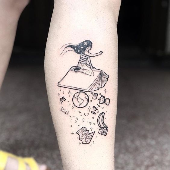 Book and girl tattoo on the calf for women