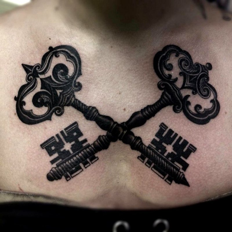 Two keys tattoo on chest for men