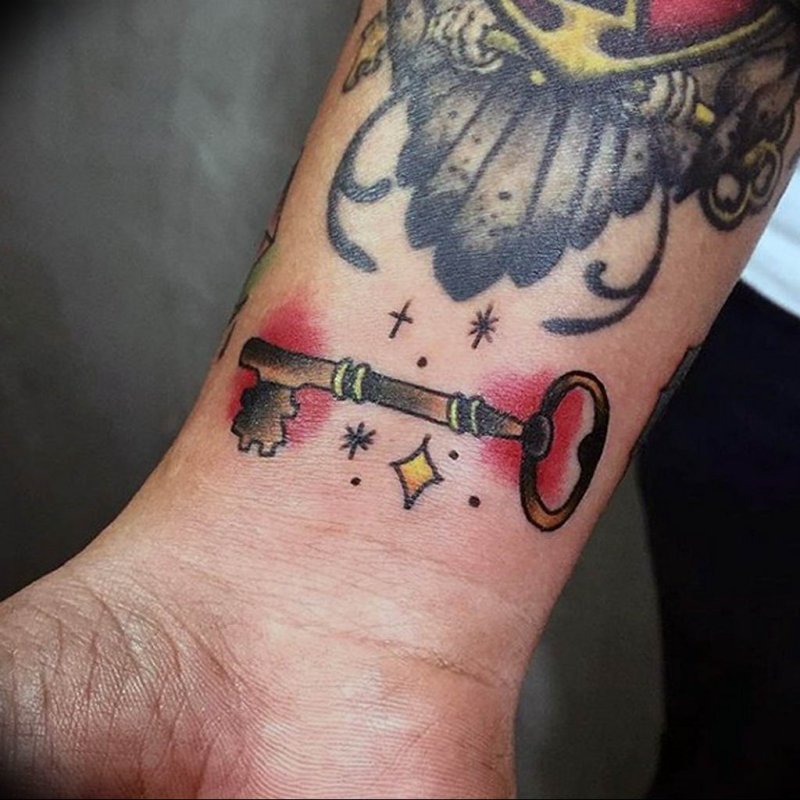 Key tattoo on the wrist for men