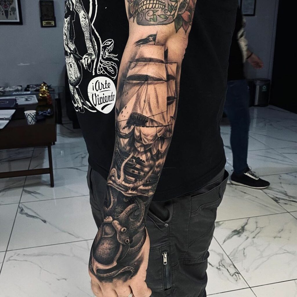 Ship tattoo on forearm for men