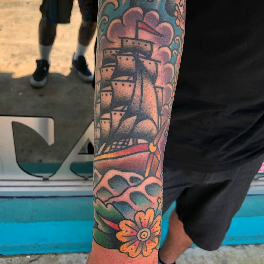 Ship tattoo on forearm for men