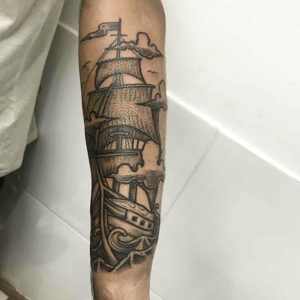 Ship tattoo on forearm for men