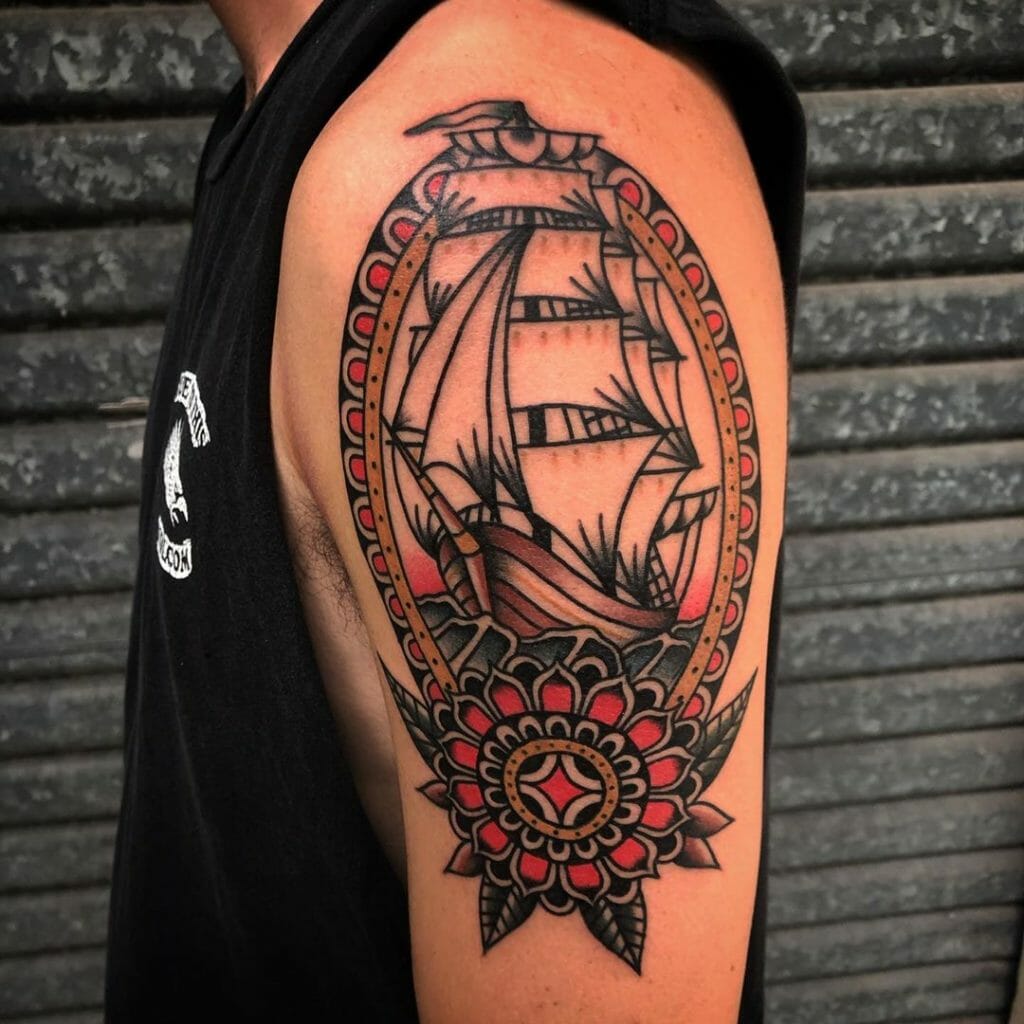 Ship tattoo on the shoulder for men