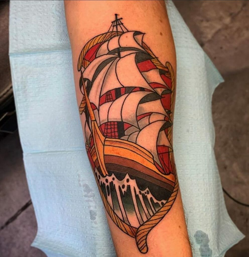 Ship tattoo on the arm for men